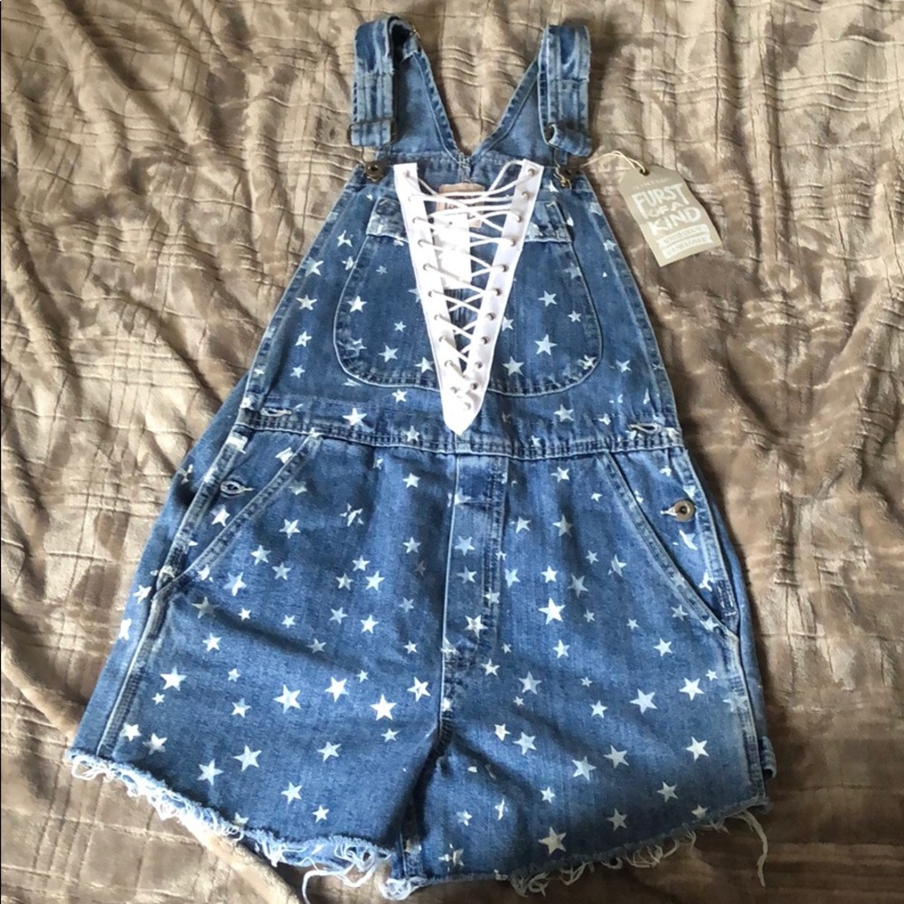Lace up denim overalls